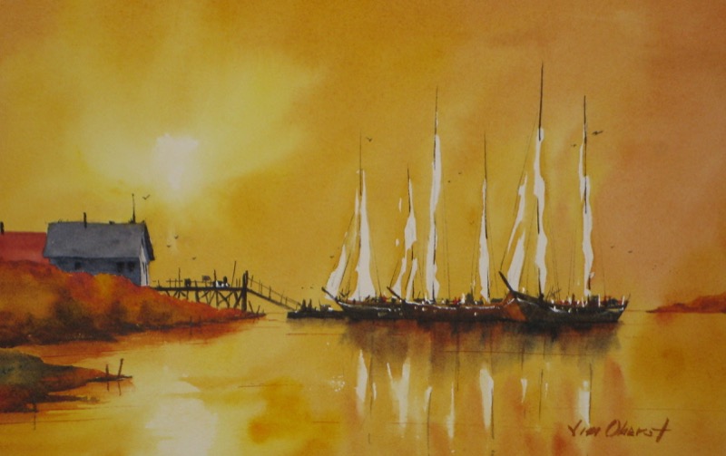 landscape, seascape, sun, hot, tropical, sky, ship, boat, dock, wharf, original watercolor painting, oberst